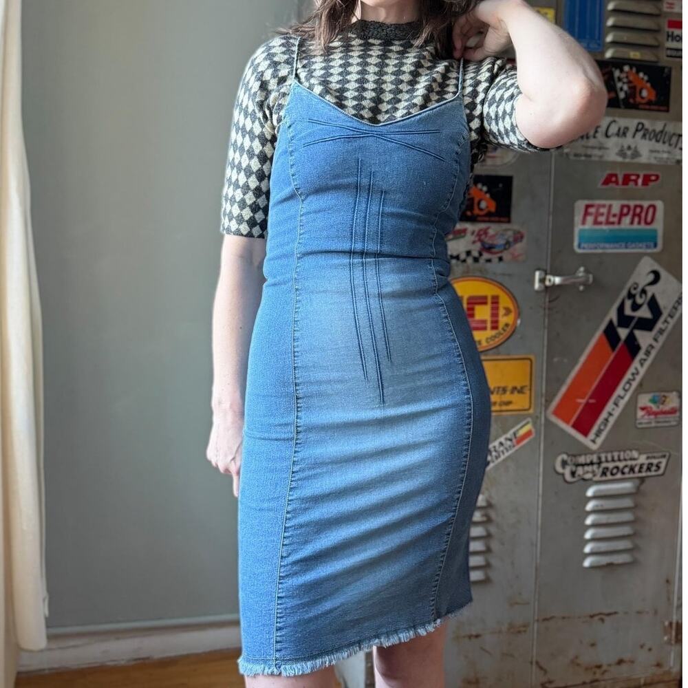 Vintage Y2K Denim Corset Slip Dress | Frayed Hem | XS–S